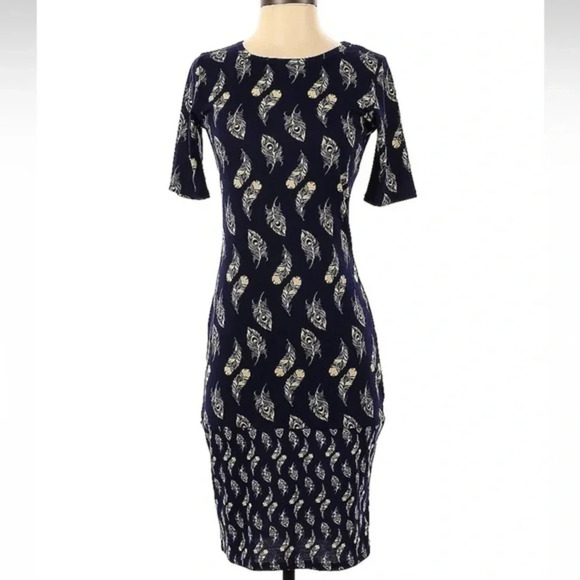 LuLaRoe Fitted Julia Midi Dress Navy Yellow Feathers Aztec Southwestern Size XS - Picture 1 of 2